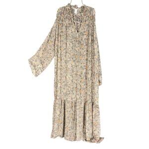 H&M Tiered Floral Dress Long Sleeve Cottagecore Maxi Ruffle Tie Neck Size S